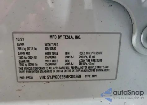 2021 Tesla Model Y z USA, uszkodzony, nr VIN 5YJYGDEE6MF304869